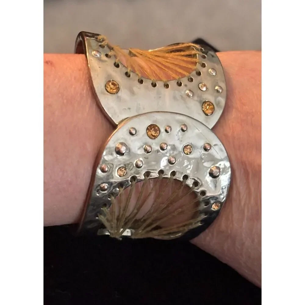 Artisan Hammered Boho Wide Cuff Silver Tone Rhinestone & Thread Bracelet
